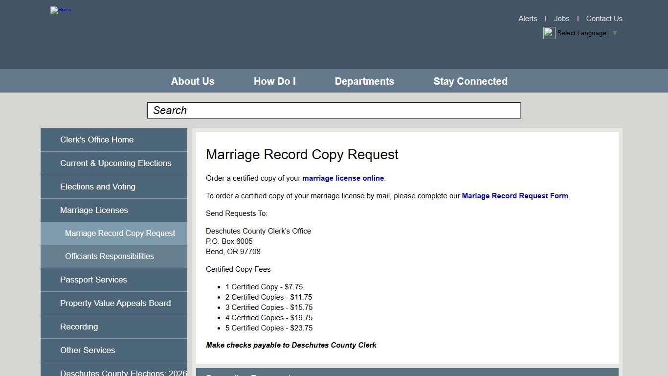 Marriage Record Copy Request Deschutes County Oregon