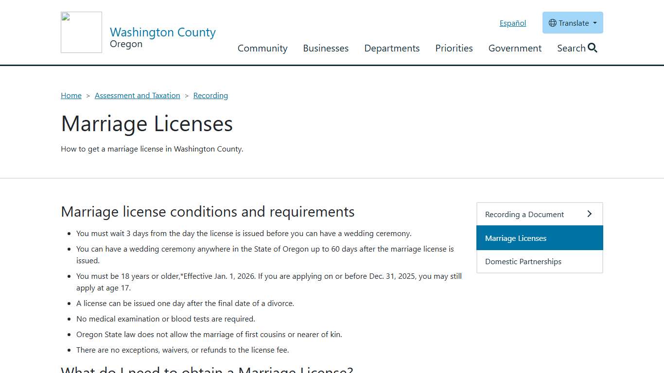 Marriage Licenses Washington County, OR